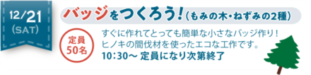 すぐに作れてとっても簡単な小さなバッジづくり！ヒノキの間伐材を使ったエコな工作です。  定員50名様　10:30～　定員になり次第終了